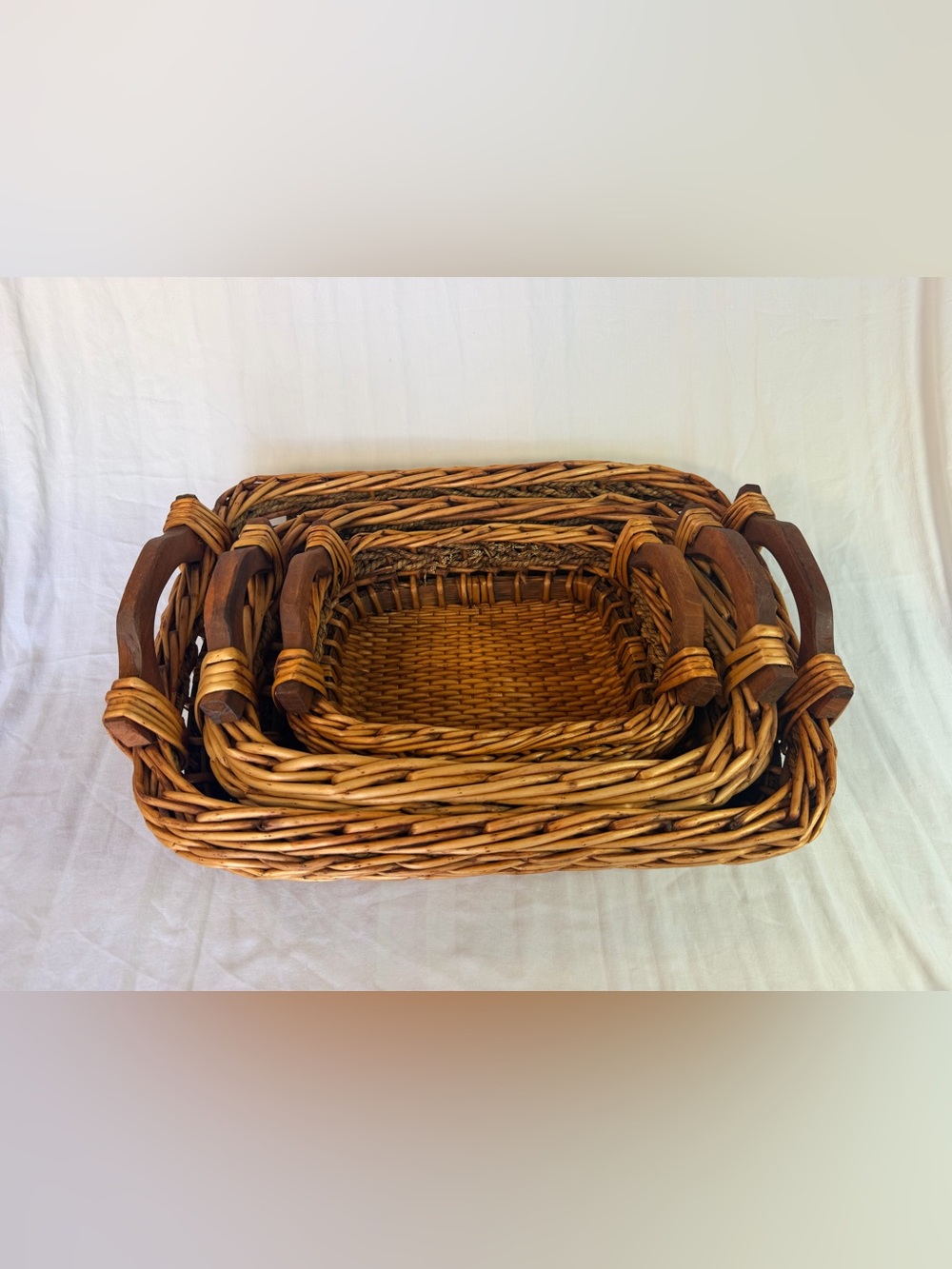 Vintage Wicker Rattan Nesting Baskets Set of 3 Wood Handles Braided Trim Cottage